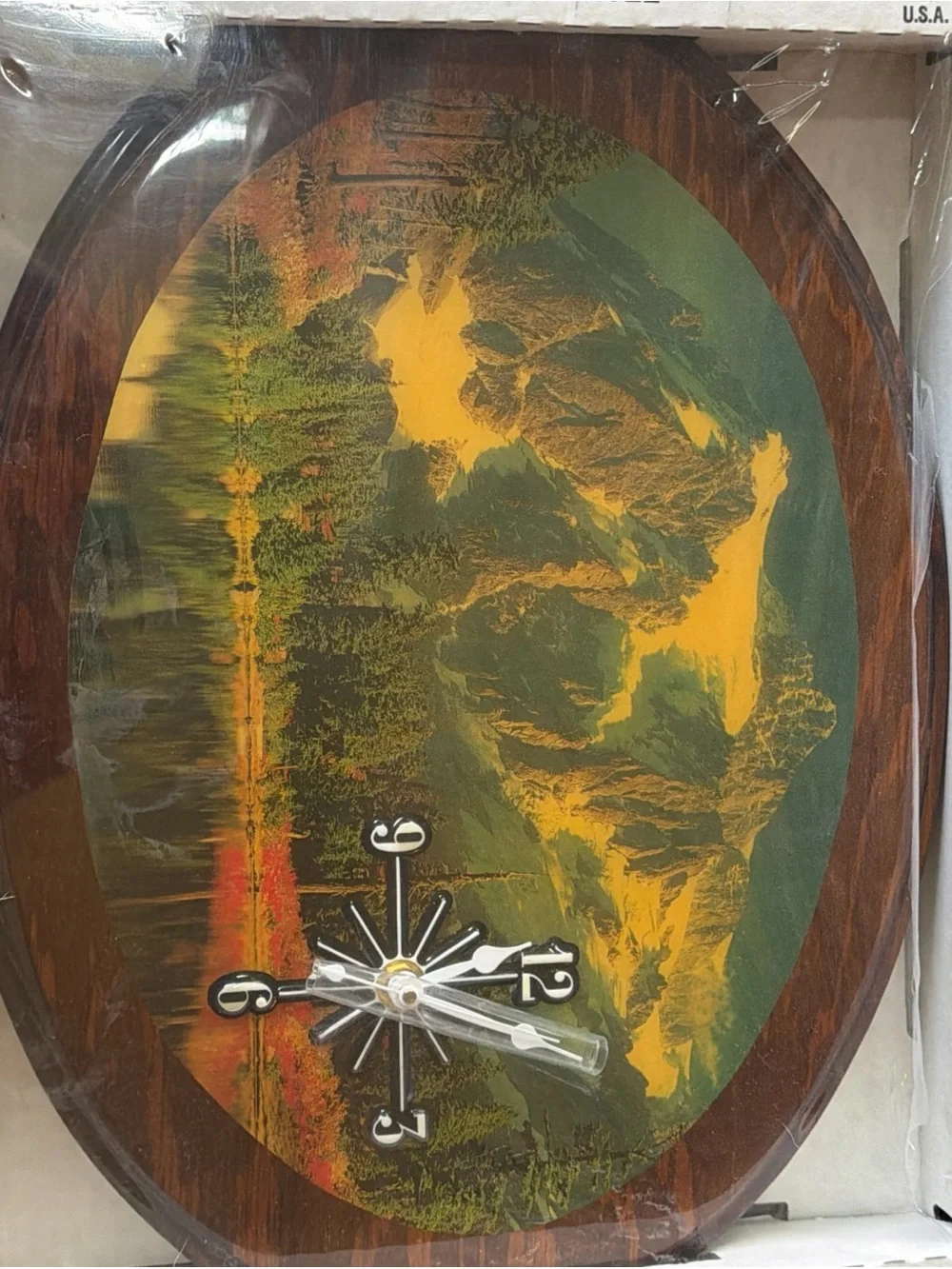 Wooden Resin Picture Quartz Clock Mountain Scene New In Box